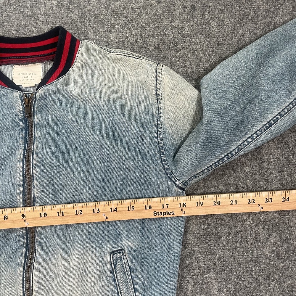 American Eagle Denim Bomber Jacket Size Small Striped Chambray Lightweight Layer - Picture 4 of 10